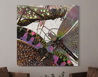 Unique Abstract Winged Insect Locust Art Print Colorful Nature Canvas Wall Art, Moody Garden Aesthetic Vintage Modern Home Office Artwork