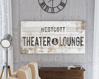 Modern Farmhouse Wall Decor Family Theater Lounge Sign, Personalized Last Name Sign Living Room, Vintage Industrial Wall Art Game Movie Room