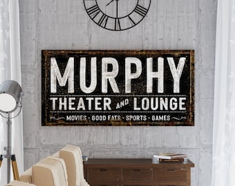 Modern Farmhouse Wall Decor Family Theater Lounge Sign, Personalized Last Name Sign Living Room, Vintage Industrial Wall Art Game Movie Room