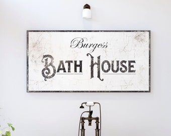 Personalized Bath House Sign Vintage Farmhouse Bathroom Wall Decor, Custom Family Last Name Shabby French Country Black & White Canvas Art
