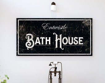 Black and White Modern Farmhouse Personalized Bath House Sign Bathroom Wall Decor, Shabby Rustic Chic Neutral Restroom Canvas Artwork Print