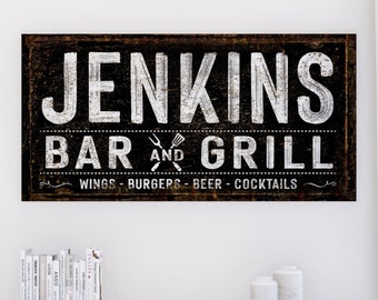 Custom Last Name Family Bar & Grill Sign Modern Vintage Decor, Large Rustic Chic Gallery Hanging Canvas Farmhouse Dining Room Wall Art Print