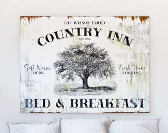 Country Inn Bed and Breakfast Sign Vintage Farmhouse Wall Decor, Personalized Guest Bedroom Artwork Rustic Kitchen Dining Room Canvas Print