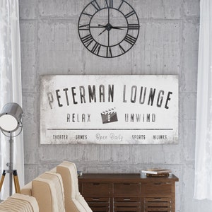 Modern Farmhouse Wall Decor Family Lounge Sign, Personalized Last Name Sign for Living Room, Vintage Industrial Wall Art for Game Movie Room