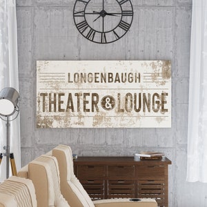 Modern Farmhouse Wall Decor Family Theater Lounge Sign, Personalized Last Name Sign Living Room, Vintage Industrial Wall Art Game Movie Room