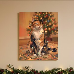 May include: A rectangular wall art print featuring a calico cat sitting on a patterned rug, wrapped in a string of glowing Christmas lights, with a blurred, illuminated Christmas tree in the background, displayed above a wooden fireplace mantel.