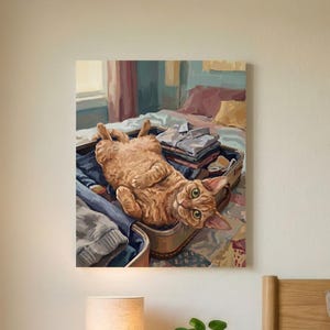 Puede incluir: Una impresi&oacute;n de arte mural rectangular que representa a un gato atigrado naranja acostado boca arriba dentro de una maleta abierta llena de ropa doblada. El gato tiene ojos verdes y est&aacute; colocado sobre una cama con una colcha estampada.