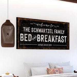 Personalized Bedroom Decor Bed & Breakfast Family Sign, Rustic Farmhouse Canvas Art Print for Guest Bedroom, Entryway Welcome Home Artwork