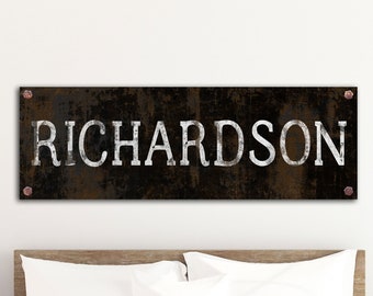 Personalized Family Name Sign, Custom Rustic Last Name Canvas Art Print, Minimalist Industrial Artwork, Primitive Black and White Decoration