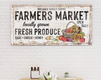 Vintage Farmers Market Custom Canvas Art Print, Modern Farmhouse Fresh Produce Home Wall Decor, Personalized Family Kitchen/Dining Room Sign