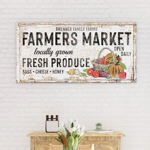 Vintage Farmers Market Custom Canvas Art Print, Modern Farmhouse Fresh Produce Home Wall Decor, Personalized Family Kitchen/Dining Room Sign