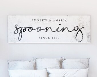 Modern Farmhouse Wall Decor, Spooning Since Sign, Above Over Bed Master Bedroom Art, Vintage Rustic Chic Anniversary Couples Gift for Her