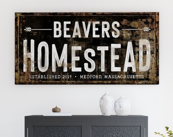 Family Homestead Modern Farmhouse Wall Decor Custom Name Sign, Vintage Decor Rustic Chic Large Canvas Print Living Room Est Last Name Sign