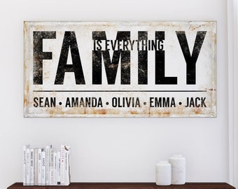 Family is Everything Sign Personalized Name Boho Farmhouse Wall Decor, Artistic Black & White Large Gallery Canvas Artwork Anniversary Gift