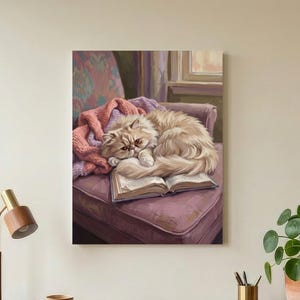 May include: A rectangular wall art print featuring a fluffy cream-colored cat curled up asleep on an open book, resting on a mauve armchair draped with a pink blanket. The artwork is displayed on a white wall above a wooden desk with a lamp.