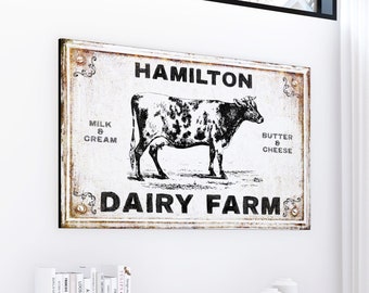 Personalized Last Name Wall Decor, Modern Farmhouse Dairy Farm Sign, Rustic Country Cow Canvas Art Print, Vintage Family Entryway Artwork