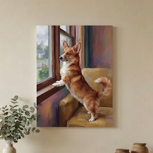 May include: A rectangular wall art print featuring an oil painting of a tan and white Corgi dog standing on its hind legs on a yellow armchair, looking out of a window. The dog has pointed ears, a fluffy tail, and is positioned in profile.