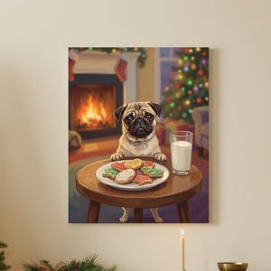 May include: A rectangular wall art print featuring a fawn-colored pug sitting at a small wooden table. The pug is positioned behind a white plate filled with colorful holiday-themed cookies and a tall glass of milk, with a fireplace in the background.