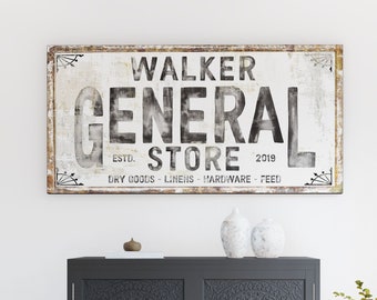 Industrial Vintage Wall Decor Custom Last Name Sign, Large Rustic Wall Art General Store Family Sign, Farmhouse Wall Decor Dining Room Print