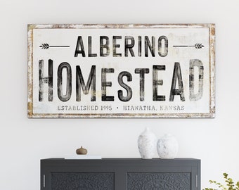 Family Homestead Modern Farmhouse Wall Decor Custom Name Sign, Vintage Decor Rustic Chic Large Canvas Print Living Room Est Last Name Sign