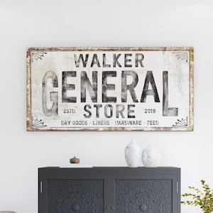 Industrial Vintage Wall Decor Custom Last Name Sign, Large Rustic Wall Art General Store Family Sign, Farmhouse Wall Decor Dining Room Print