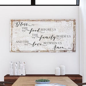 Modern Farmhouse Wall Decor Bless the Food Before Us Prayer Art Dining Room Sign, Primitive Rustic Wall Decor Large Canvas Kitchen Art Print