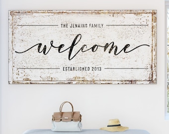 Modern Farmhouse Wall Decor Custom Family Sign, Large Vintage Rustic Canvas Print Living Room Art Last Name Sign, Entryway Welcome Sign
