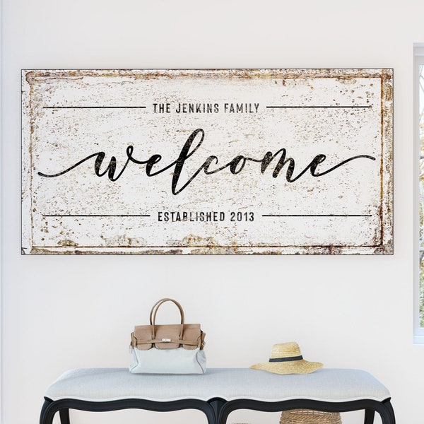 Modern Farmhouse Wall Decor Custom Family Sign, Large Vintage Rustic Canvas Print Living Room Art Last Name Sign, Entryway Welcome Sign