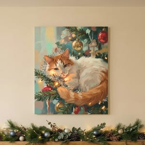 May include: A rectangular wall art print featuring a ginger and white cat resting among evergreen branches, Christmas ornaments, and warm fairy lights. The artwork is displayed above a wooden fireplace mantel with a garland and two stockings.