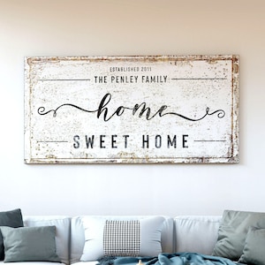 Home Sweet Home Family Name Sign Modern Vintage Decor, Large Rustic Canvas Art Print, Farmhouse Wall Decor Living Room Last Name Sign Canvas