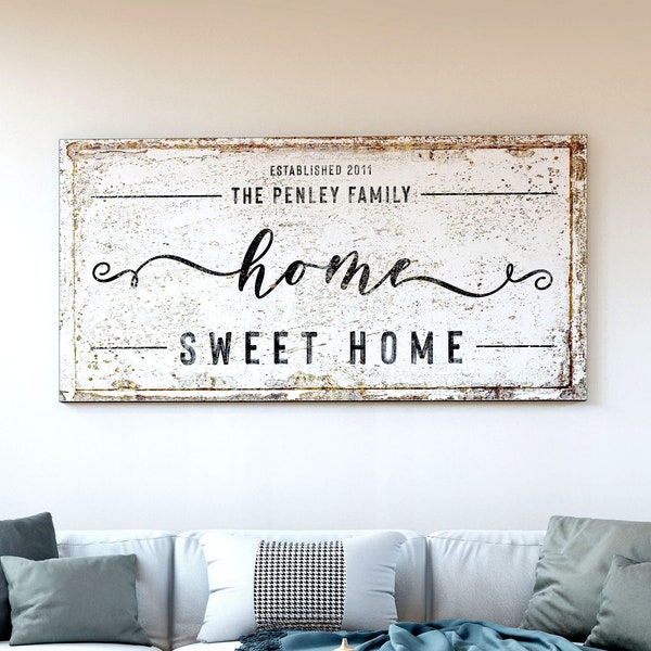 Home Sweet Home Family Name Sign Modern Vintage Decor, Large Rustic Canvas Art Print, Farmhouse Wall Decor Living Room Last Name Sign Canvas