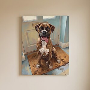 May include: A rectangular canvas wall art print featuring a brown and white Boxer dog sitting on a brown doormat in front of a light blue door. The dog has its tongue out, and there are visible muddy paw prints on the mat and the floor surface.