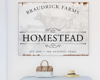 Personalized Vintage Homestead Family Sign,  Modern Farmhouse Last Name Home Decor, Rustic Style Cattle Canvas Print, Vintage Farm Cow Art