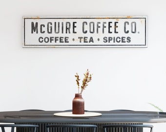 Modern Farmhouse Kitchen Wall Art, Rustic Family Name Sign Coffee Company, Industrial Vintage Art Print, Large Personalized Canvas Art