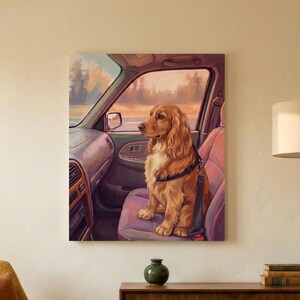May include: A rectangular wall art print featuring a golden-colored dog sitting in the passenger seat of a car. The dog is wearing a black harness and is positioned against a backdrop of a car interior with a view of a sunset landscape outside.
