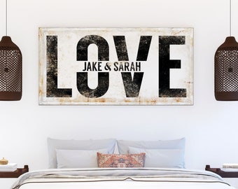 Modern Vintage Romantic Art Personalized Couples Gift First Name Love Sign, Boho Eclectic Custom Bedroom Wall Decor Big Canvas Artwork Print