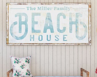 Custom Beach House Sign, Personalized Family Canvas Art Print, Vacation Home Wall Decor, Coastal Cottage Art, Modern Last Name Artwork Gift