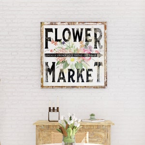 Vintage Flower Market Canvas Art Print, Locally Grown Floral Artwork, Modern Farmhouse Spring Wall Decor, Rustic Home Sign for Plant Lovers