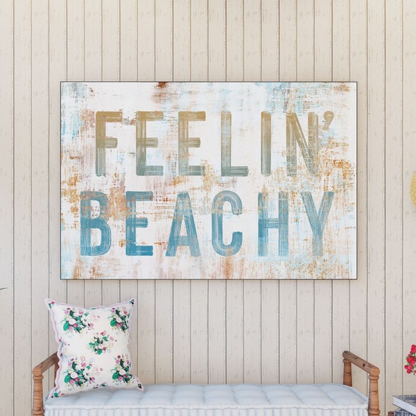 Coastal Farmhouse Wall Decor Feelin Beachy Sign, Ocean Cottage Inspirational Art Beach House Decor, Rustic Chic Seaside Summer Decor Hanging