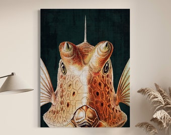 Orange Boxfish Deep Sea Creature Marine Life Artwork, Vintage Dark Academia Canvas Print, Moody Colorful Beach House Decor, Ocean Lover Gift