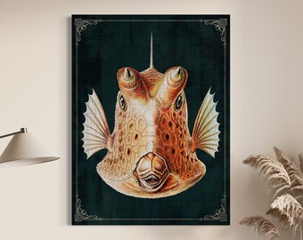 Orange Boxfish Creepy Deep Ocean Creature Marine Life Artwork, Vintage Goth Dark Academia Canvas Print, Moody Colorful Beach House Decor