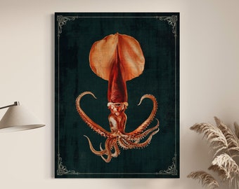 Orange Squid Deep Ocean Creature Marine Life Artwork, Vintage Dark Academia Canvas Print, Big Moody Colorful Under the Sea Beach House Decor