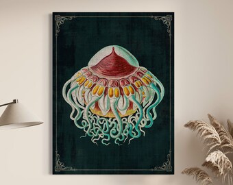 Jellyfish Ocean Life Artwork, Whimsical Jellyfish Art Moody Boho Colorful Beach House Decor, Coastal Aesthetic Vintage Canvas Wall Print