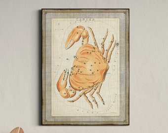 Cancer Zodiac Sign Antique Constellation Wall Art, Colorful Crab Artwork, Eclectic Celestial Home Decor Gift Astronomy Star Map of Night Sky