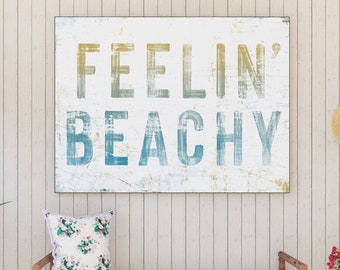 Coastal Farmhouse Wall Decor Feelin Beachy Sign, Ocean Cottage Inspirational Art Beach House Decor, Rustic Chic Seaside Summer Decor Hanging