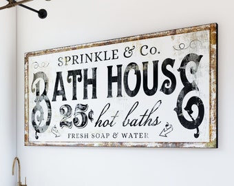 Personalized Bath House Family Sign Modern Vintage Bathroom Wall Artwork, French Country Restroom Decor Over Tub Black & White Canvas Print