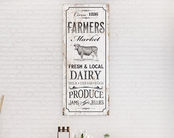 Rustic Farmers Market Sign, Faux Metal Vintage Farmhouse Wall Decor, Country Kitchen Wall Art, Black and White Agriculture Canvas Art Print