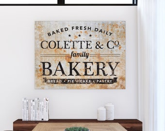 Personalized Last Name Family Bakery Kitchen Sign Modern Vintage Wall Decor, Rustic Boho Chic Large Custom Canvas Dining Room Art Print