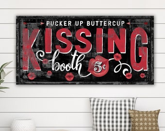 Pucker Up Buttercup Kissing Booth Canvas Print, Vintage Carnival Holiday Sign, Rustic Love Distressed Home Artwork, Festive Seasonal Sign