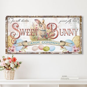 Vintage Country Easter Decor Sweet Bunny Candy Company Sign, Rustic Chic Canvas Art Print for Spring, Large Shabby Boho Farmhouse Wall Decor